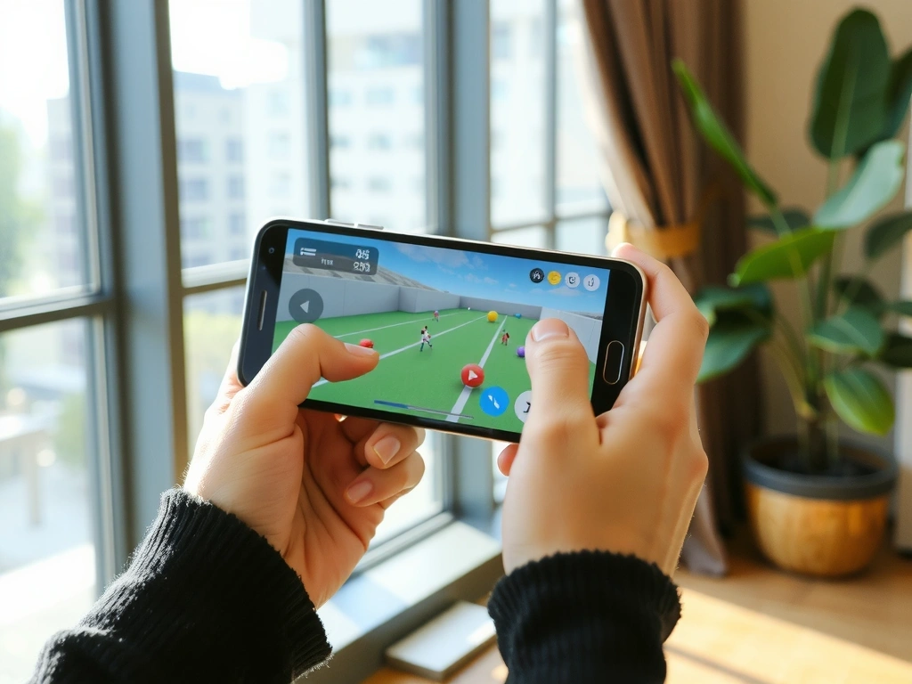 Hands holding a mobile device displaying a game interface